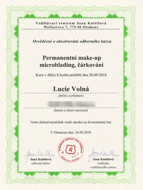 Osvědčení - Permanentní make-up microblading, čárkování (2018)